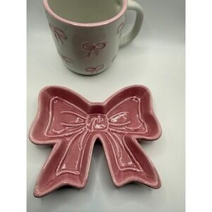 Pink Bow Ceramic Mug and Bow Shaped Trinket Dish Set White Pink Coquette Decor